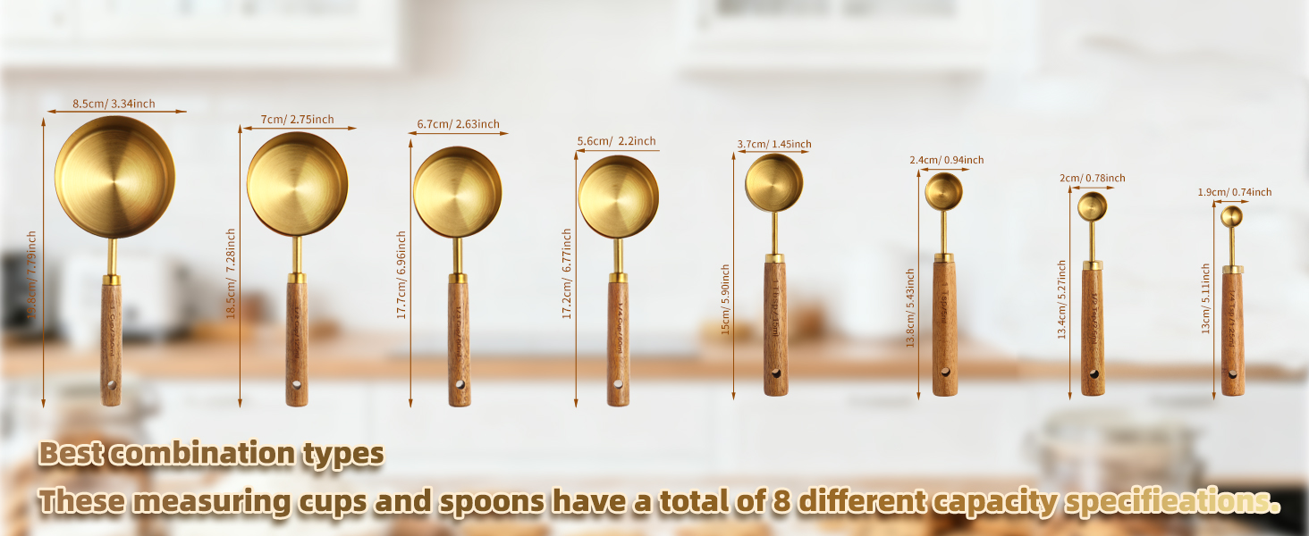 Gold Measuring Cups and Spoons Set,8 Piece Premium Stainless Steel Measuring Cups with Wood Handles,4 Stackable Wooden Measuring Cups and 4 Measuring Spoons Set for Baking Supplies in the Kitchen
