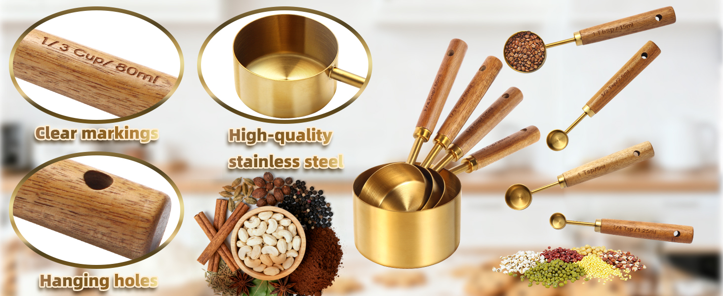 Gold Measuring Cups and Spoons Set,8 Piece Premium Stainless Steel Measuring Cups with Wood Handles,4 Stackable Wooden Measuring Cups and 4 Measuring Spoons Set for Baking Supplies in the Kitchen