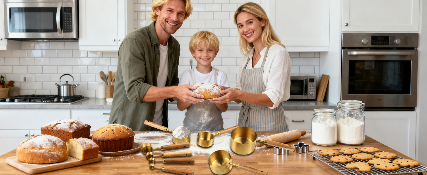 Gold Measuring Cups and Spoons Set,8 Piece Premium Stainless Steel Measuring Cups with Wood Handles,4 Stackable Wooden Measuring Cups and 4 Measuring Spoons Set for Baking Supplies in the Kitchen