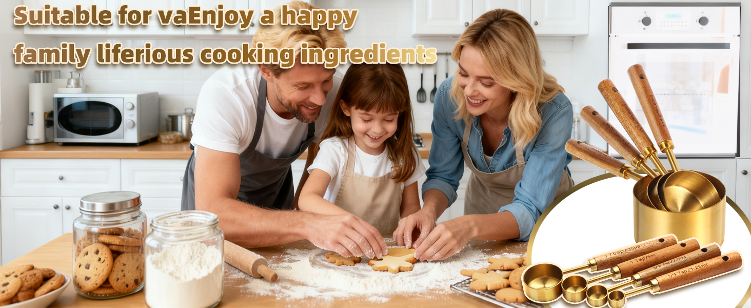 Gold Measuring Cups and Spoons Set,8 Piece Premium Stainless Steel Measuring Cups with Wood Handles,4 Stackable Wooden Measuring Cups and 4 Measuring Spoons Set for Baking Supplies in the Kitchen