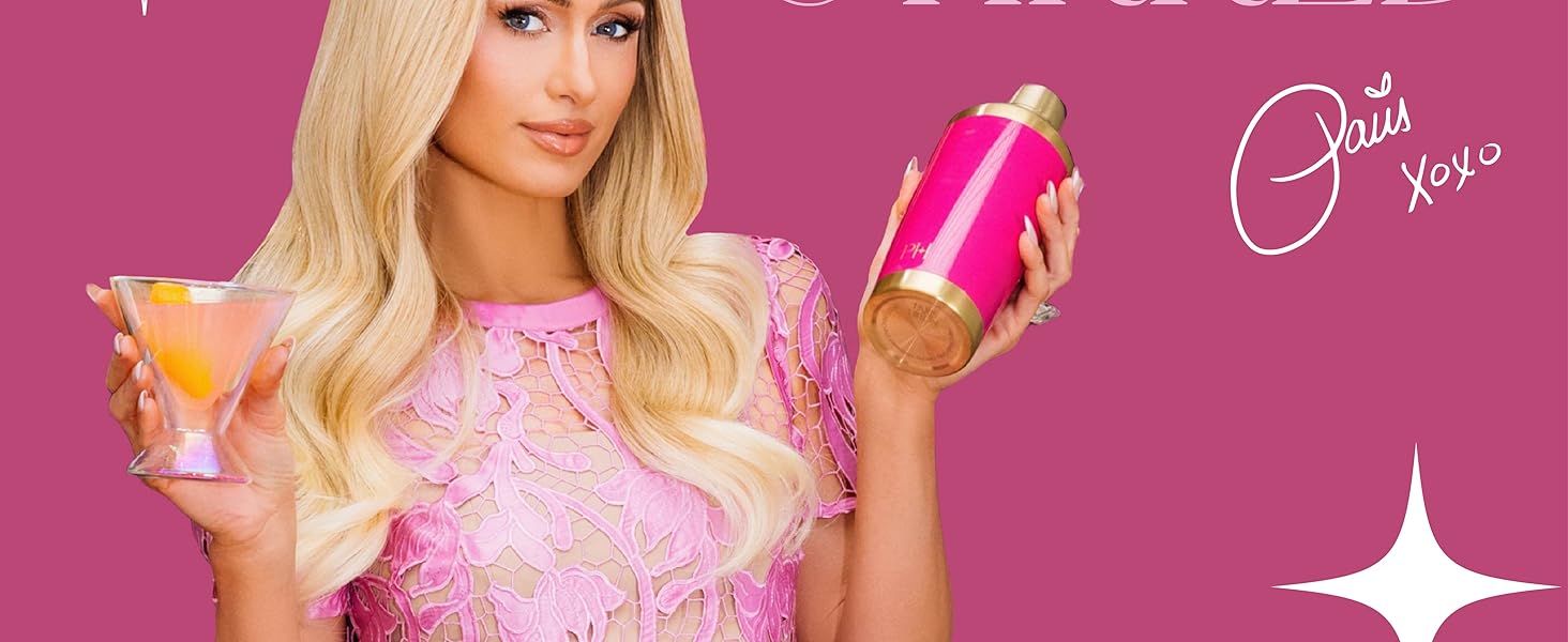 Paris Hilton 2-Piece Cocktail Shaker Set, Double Wall Insulated Stainless Steel Mixer with Built-In Strainer and Double-Sided Jigger, 20-Ounce, Gold and Hot Pink