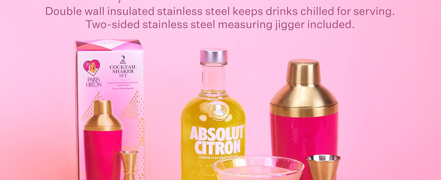 Paris Hilton 2-Piece Cocktail Shaker Set, Double Wall Insulated Stainless Steel Mixer with Built-In Strainer and Double-Sided Jigger, 20-Ounce, Gold and Hot Pink
