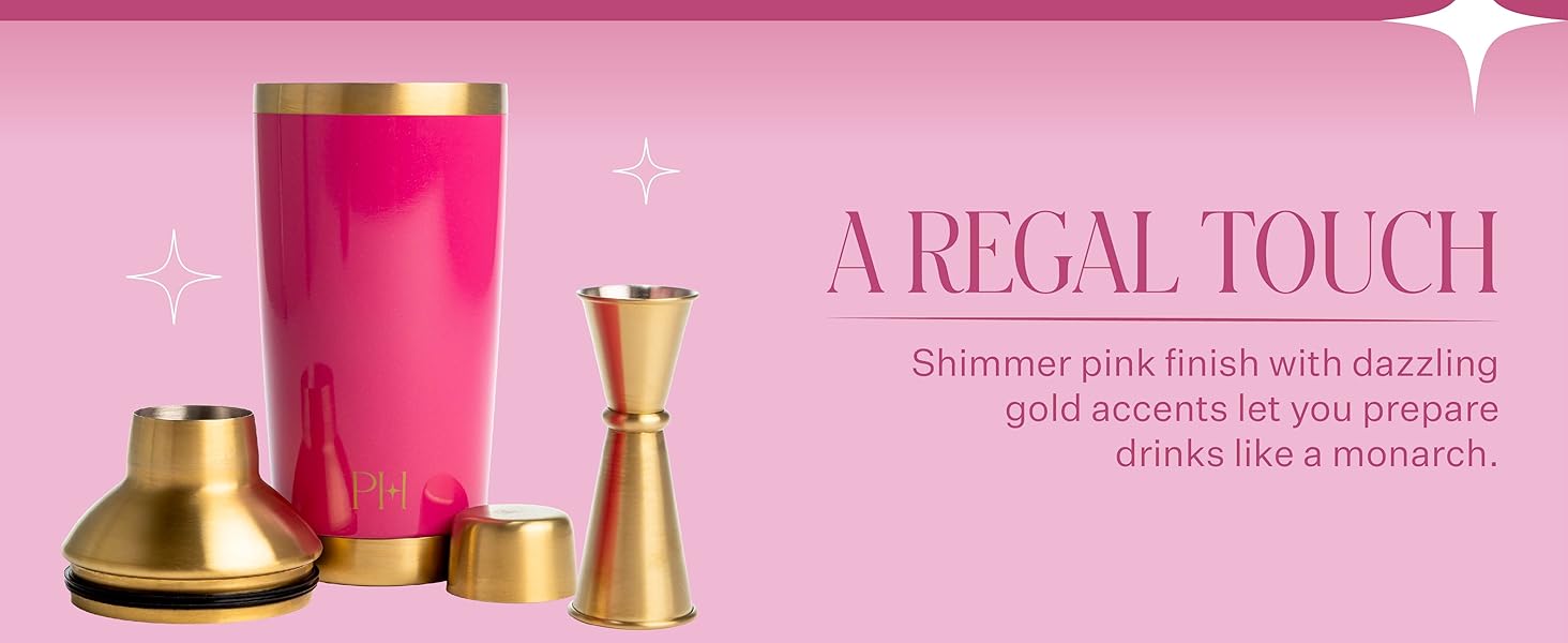 Paris Hilton 2-Piece Cocktail Shaker Set, Double Wall Insulated Stainless Steel Mixer with Built-In Strainer and Double-Sided Jigger, 20-Ounce, Gold and Hot Pink
