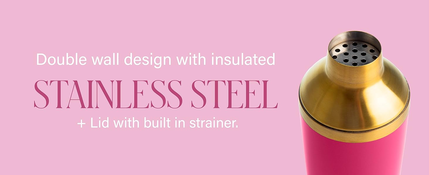 Paris Hilton 2-Piece Cocktail Shaker Set, Double Wall Insulated Stainless Steel Mixer with Built-In Strainer and Double-Sided Jigger, 20-Ounce, Gold and Hot Pink