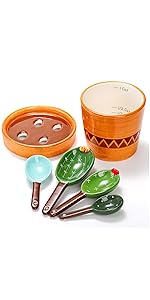 Coloch 5Pcs Ceramic Measuring Spoons and Cup, Flower Baking Scale Spoons with Base Set for Dry and Liquid Ingredient, 1/4 tsp, 1/2 tsp, 1 tsp, 1 Tbsp