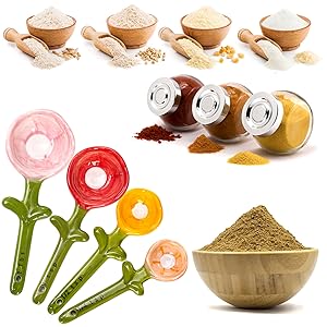 Coloch 5Pcs Ceramic Measuring Spoons and Cup, Flower Baking Scale Spoons with Base Set for Dry and Liquid Ingredient, 1/4 tsp, 1/2 tsp, 1 tsp, 1 Tbsp