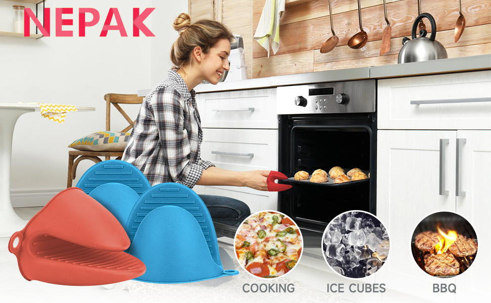 NEPAK 2 Pairs Oven Mitts Heat Resistant,Mini Silicone Oven Gloves,Pinch Grips Mitts Potholder for Kitchen Cooking & Baking (Red and Blue)
