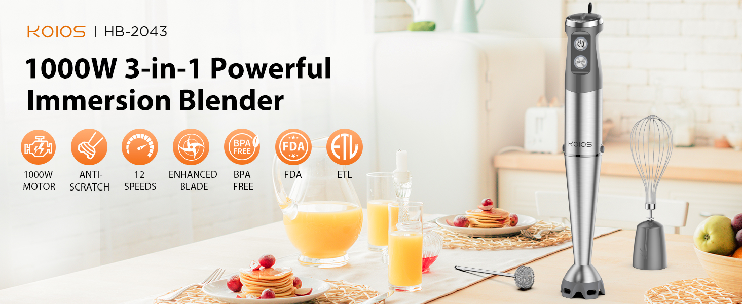 KOIOS Immersion Blender, 1000W Anti-scratch 3-in-1 Hand Blender, Upgraded 12 Speed Stainless Steel Blade Stick Blenders with Turbo Mode, Whisk and Milk Frother, Non-BPA