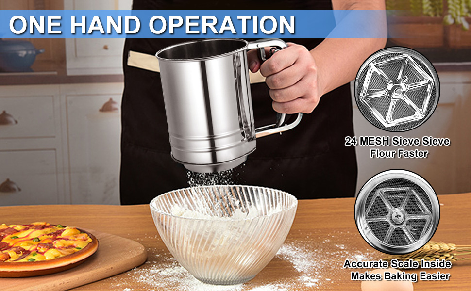 Flour Sifter Stainless Steel,3 Cup Flour Sifters for Baking,3 in1 Sifter for Baking with Powdered Sugar Shaker Duster, Flour Shaker Duster for Baking Cakes, Pastries, Pies, Cupcakes and Desserts