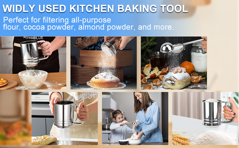 Flour Sifter Stainless Steel,3 Cup Flour Sifters for Baking,3 in1 Sifter for Baking with Powdered Sugar Shaker Duster, Flour Shaker Duster for Baking Cakes, Pastries, Pies, Cupcakes and Desserts