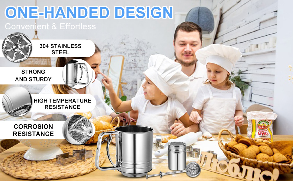 Flour Sifter Stainless Steel,3 Cup Flour Sifters for Baking,3 in1 Sifter for Baking with Powdered Sugar Shaker Duster, Flour Shaker Duster for Baking Cakes, Pastries, Pies, Cupcakes and Desserts