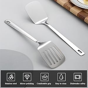 Kyraton Stainless Steel Spatulas Set, Silver Slotted Turner, Solid Turner, Kitchen Spatulas for Nonstick Cookware, Dishwasher Safe, Easy to Clean