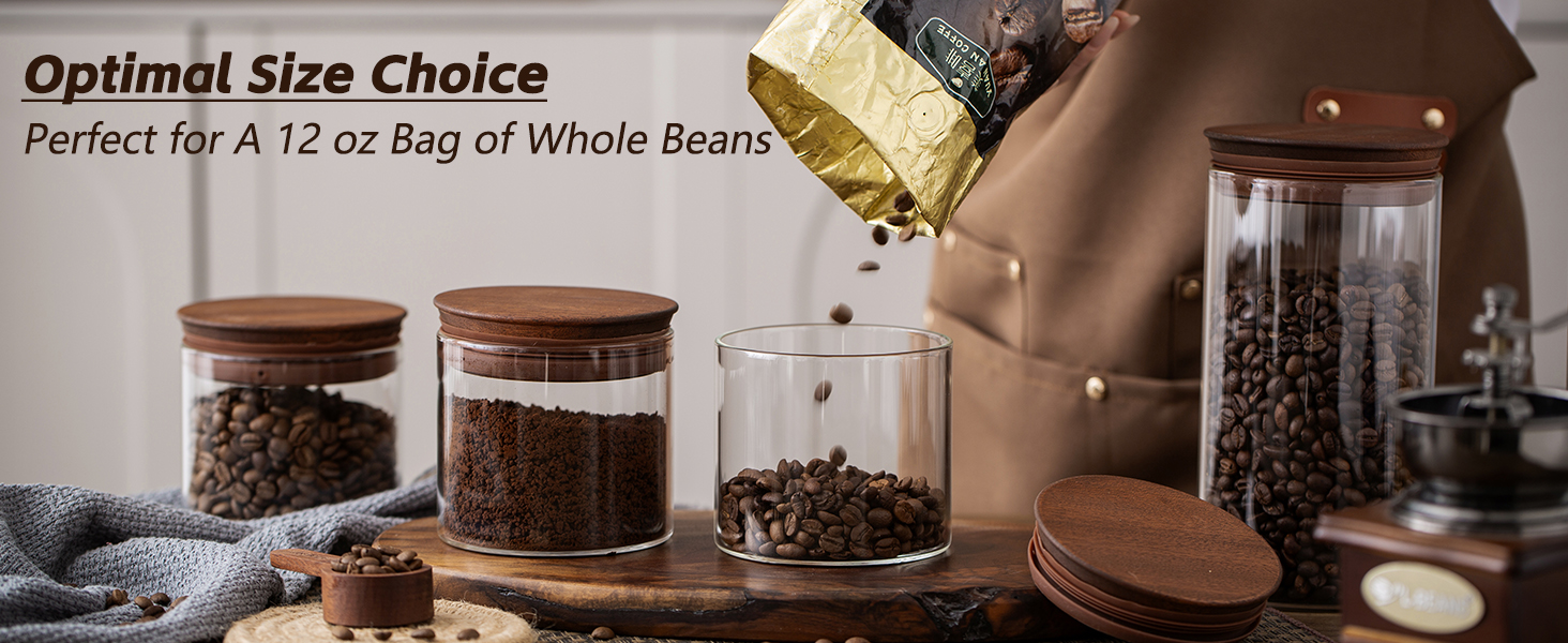 17 oz Coffee Canister with Scoop and Wooden Lids, Airtight Glass Coffee Beans Storage Container Sets of 2 for Ground Coffee,Food Storge Jars for Ground Coffee Bar Cereal Snack