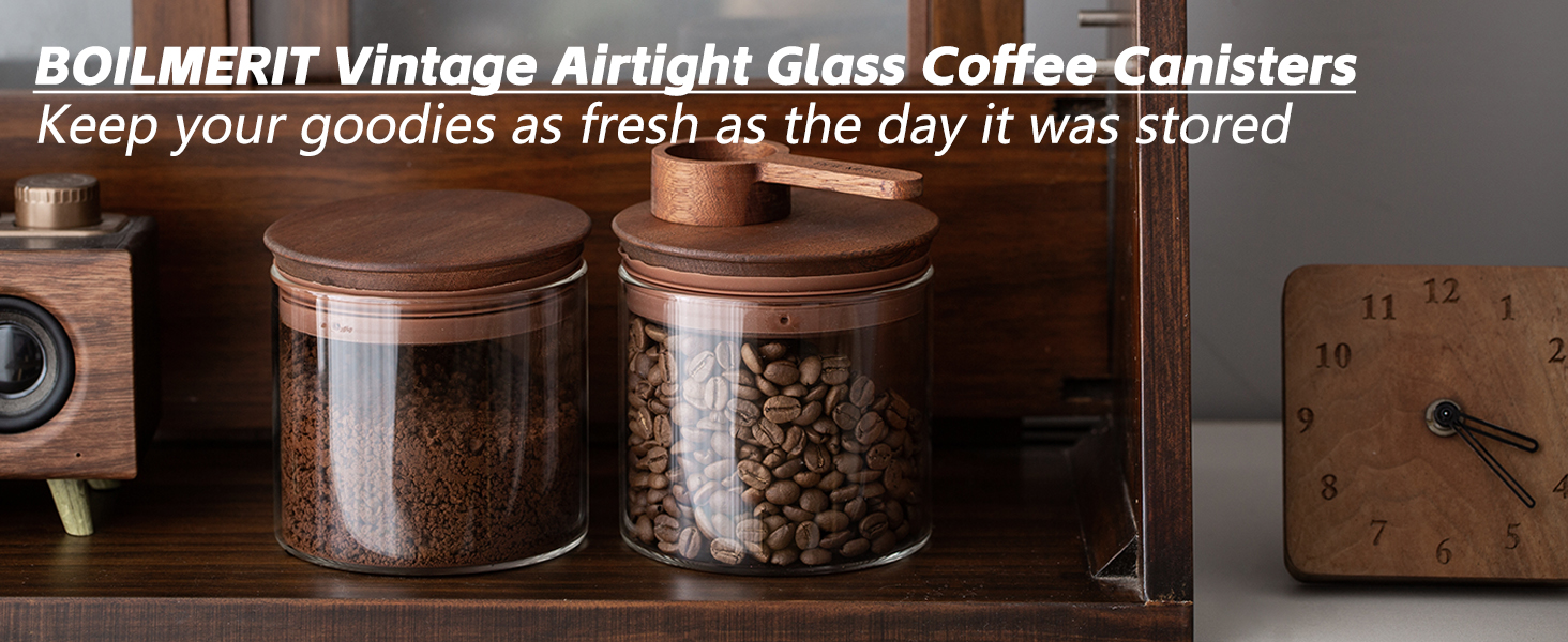 17 oz Coffee Canister with Scoop and Wooden Lids, Airtight Glass Coffee Beans Storage Container Sets of 2 for Ground Coffee,Food Storge Jars for Ground Coffee Bar Cereal Snack