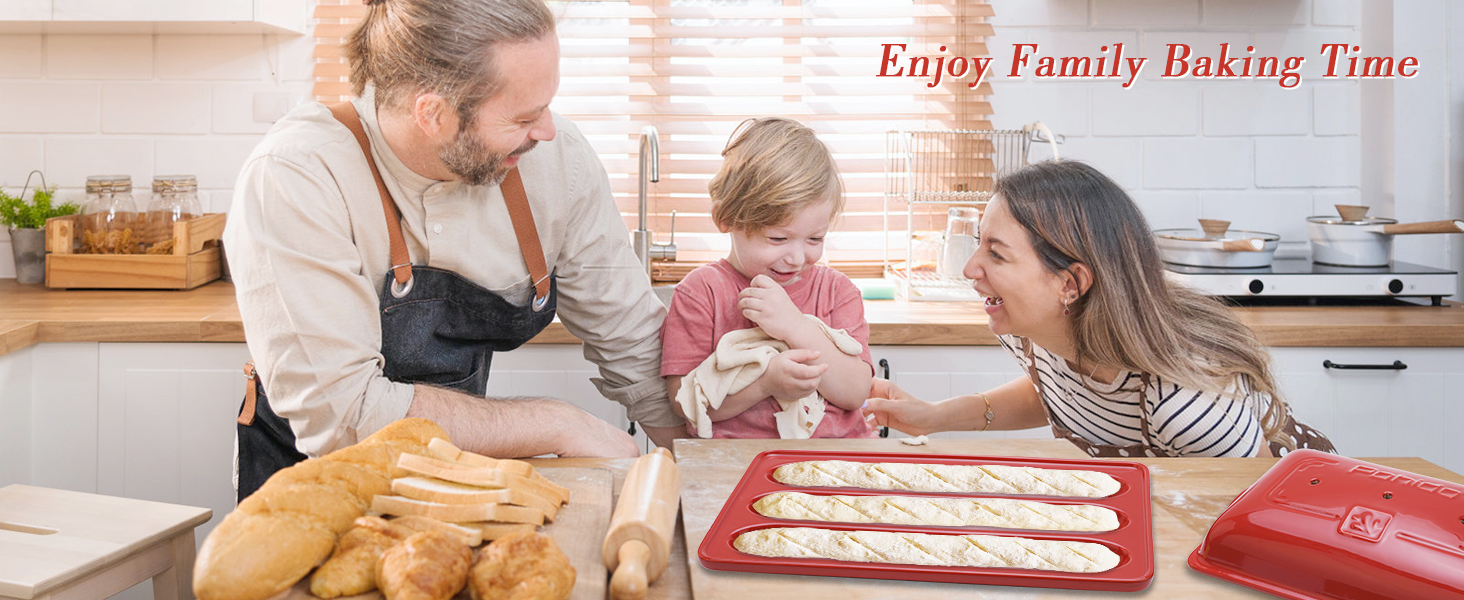 French Bread Baking Pan with Three Independent Slots and Cover,Ceramic Rectangular Bread Baking Tray with Even Heating and Crispy Crusts