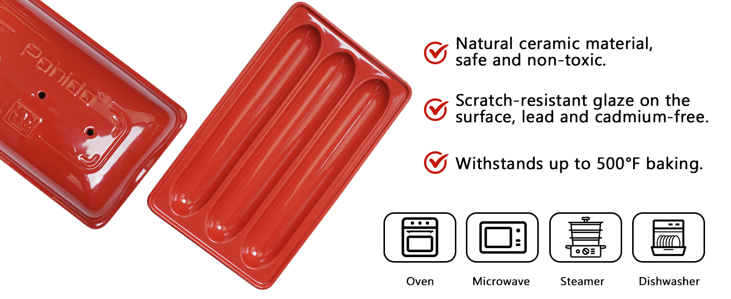 French Bread Baking Pan with Three Independent Slots and Cover,Ceramic Rectangular Bread Baking Tray with Even Heating and Crispy Crusts