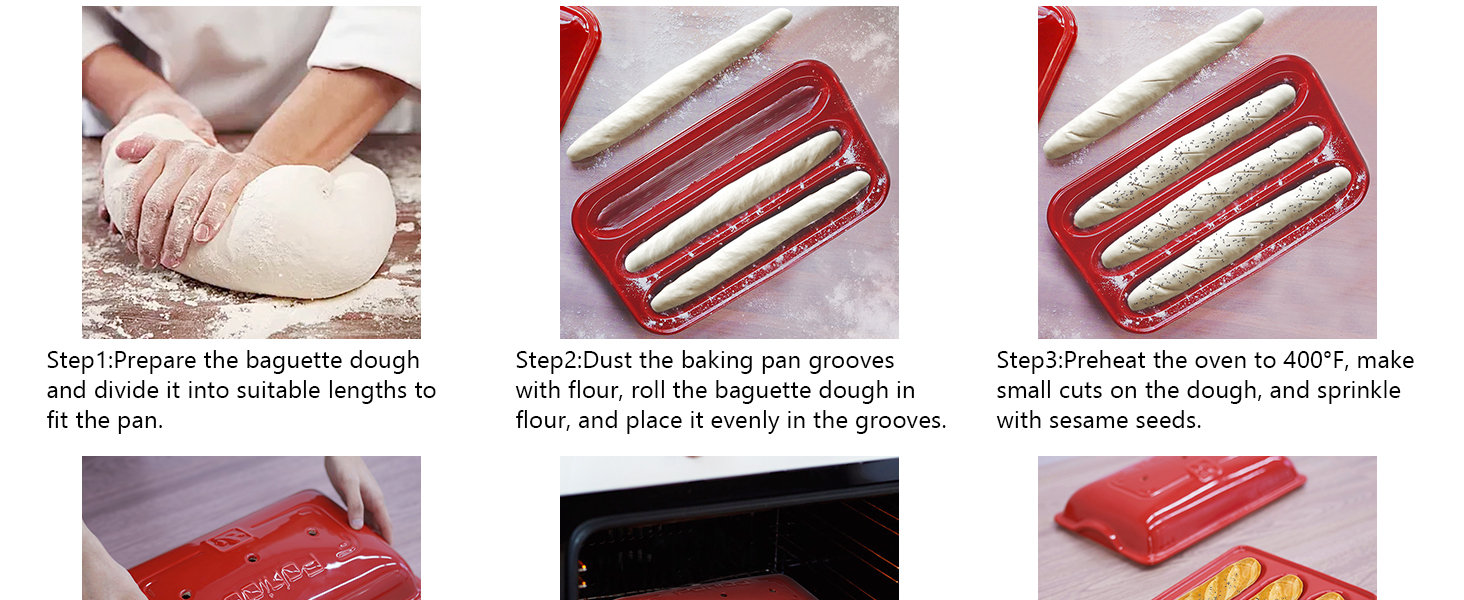 French Bread Baking Pan with Three Independent Slots and Cover,Ceramic Rectangular Bread Baking Tray with Even Heating and Crispy Crusts