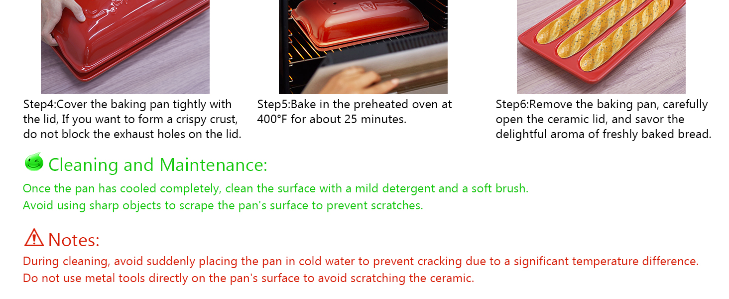 French Bread Baking Pan with Three Independent Slots and Cover,Ceramic Rectangular Bread Baking Tray with Even Heating and Crispy Crusts