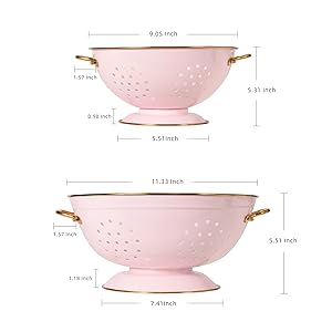 Metal Colander Set of 2, Strainer Basket with Handles 3.5 & 5 Qt Powder Coated Self-draining Solid Ring Base Metal Large Kitchen Colander Bowel for Pasta Vegetable Fruit (PINK)