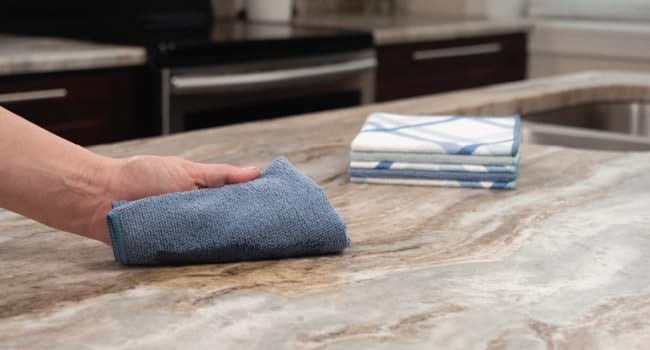 S&T INC. Dish Cloths for Washing Dishes, Microfiber Cleaning Cloth for Home, Blue/Plaid, 12 in. x 12 in., 6PK Includes 3X Dish Scrubber, 3X Solid Cloths