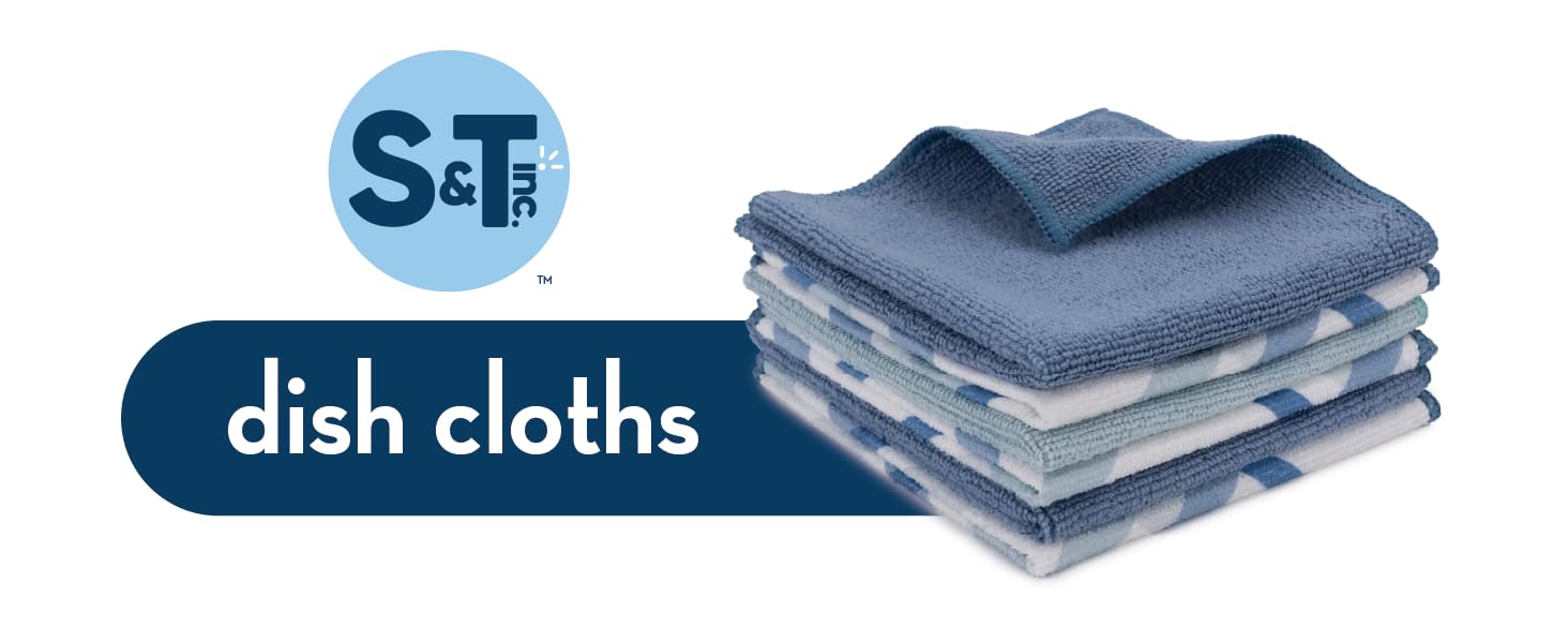 S&T INC. Dish Cloths for Washing Dishes, Microfiber Cleaning Cloth for Home, Blue/Plaid, 12 in. x 12 in., 6PK Includes 3X Dish Scrubber, 3X Solid Cloths