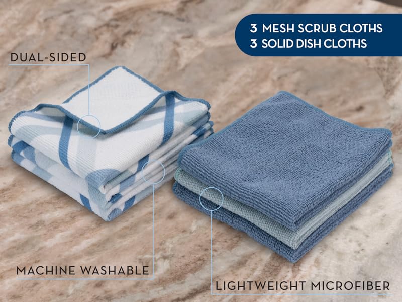 S&T INC. Dish Cloths for Washing Dishes, Microfiber Cleaning Cloth for Home, Blue/Plaid, 12 in. x 12 in., 6PK Includes 3X Dish Scrubber, 3X Solid Cloths