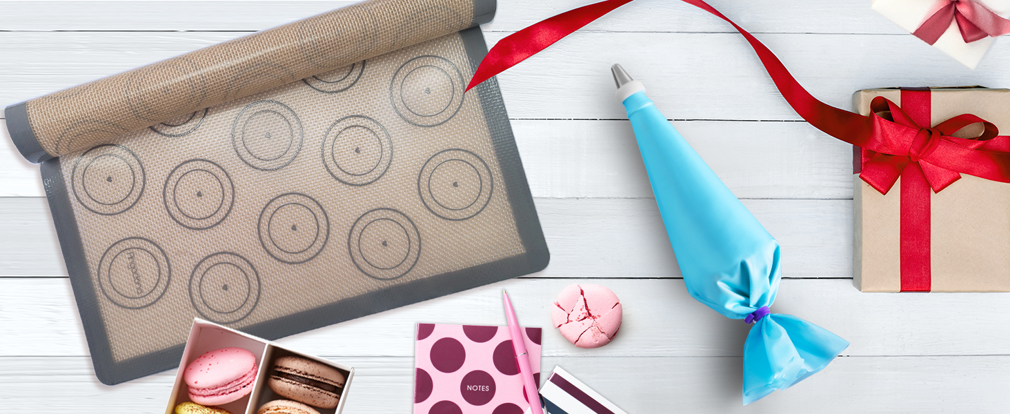 Angadona Macaron Silicone Baking Mats Kit (16pcs set) Macaroon Baking Mat Set of 2 Half Sheet Macaron Silicone Mat Nonstick Macaron Mat Sheet,6 Piping Tip,2 Piping Bag with 3 Bag Tie,2 coupler