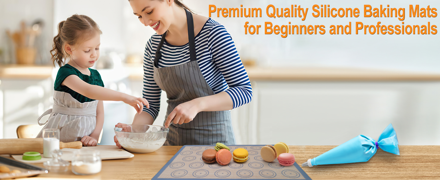 Angadona Macaron Silicone Baking Mats Kit (16pcs set) Macaroon Baking Mat Set of 2 Half Sheet Macaron Silicone Mat Nonstick Macaron Mat Sheet,6 Piping Tip,2 Piping Bag with 3 Bag Tie,2 coupler