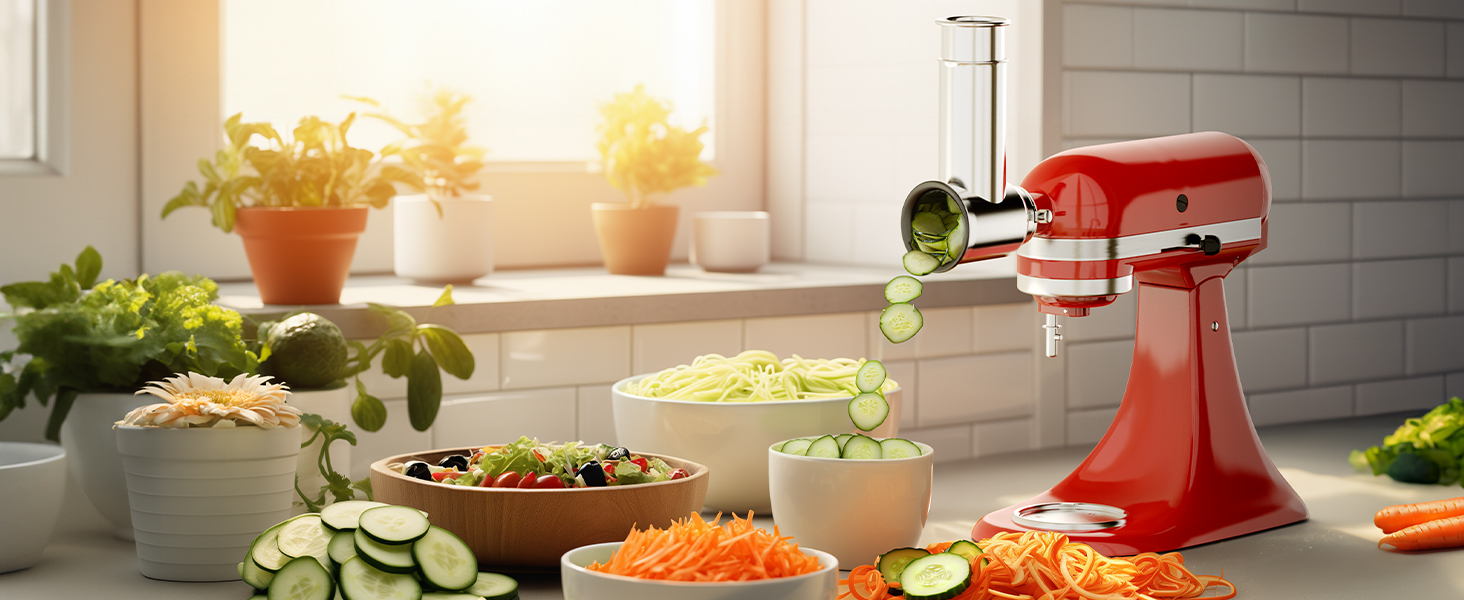 Stainless Steel Slicer Shredder Attachment for Kitchenaid Stand Mixer, Cheese Grater, Salad Maker Accessories for Kitchenaid Mixer, Grinding Powder with 4 Blades by FOCOLLK