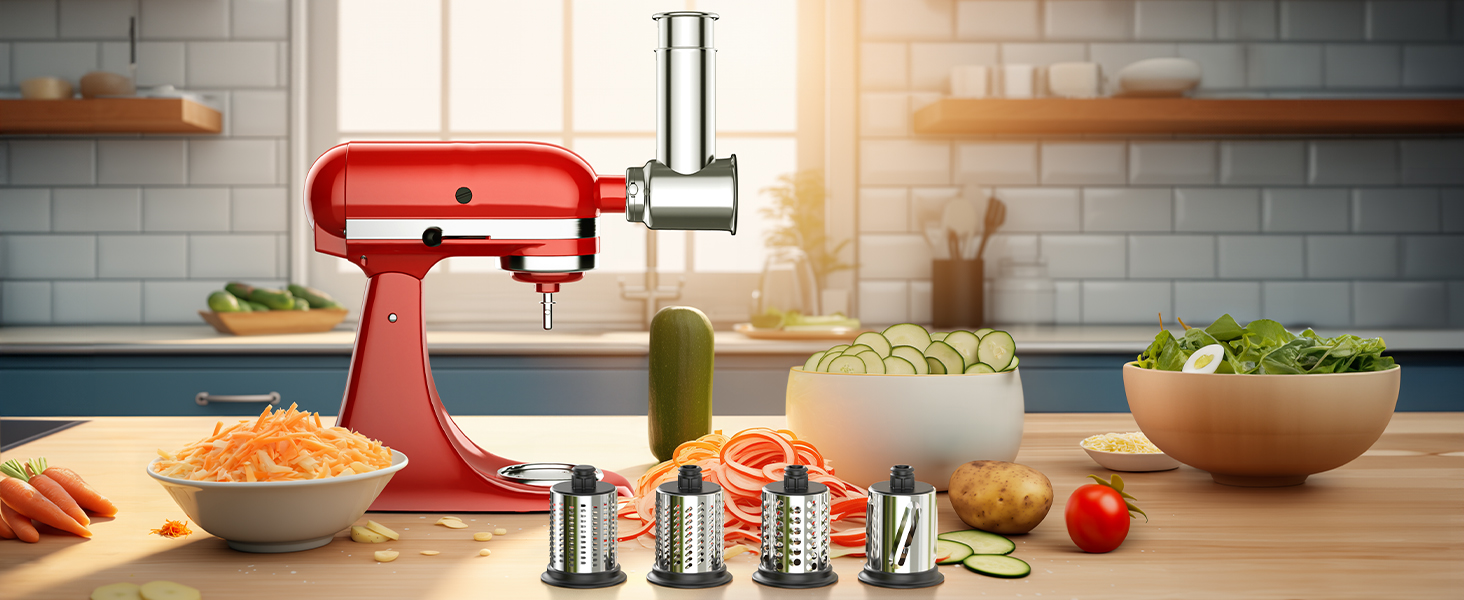 Stainless Steel Slicer Shredder Attachment for Kitchenaid Stand Mixer, Cheese Grater, Salad Maker Accessories for Kitchenaid Mixer, Grinding Powder with 4 Blades by FOCOLLK