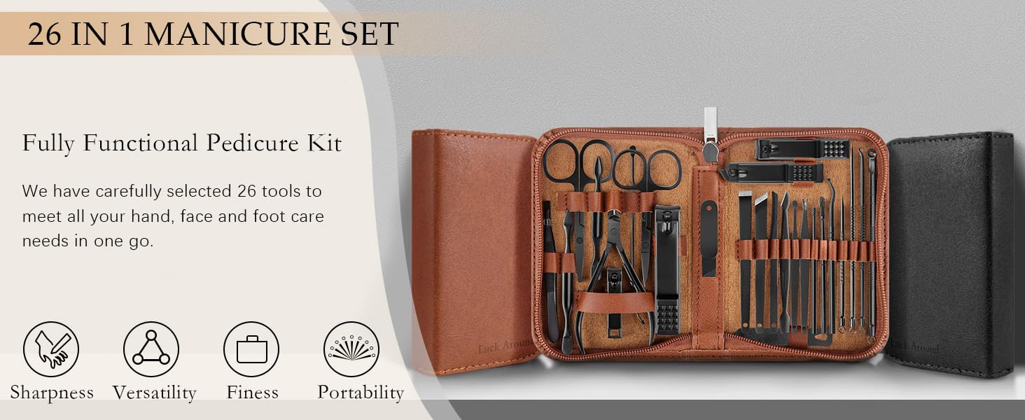 Nail Clippers Set, 26 Piece Manicure Set & Pedicure Kit, Stainless Steel Fingernail & Toenail Clipper Cutters, Professional Nail Care Tools with Luxurious Travel Case for Men and Women, Black