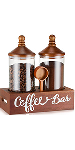 Yangbaga Glass Sugar Coffee Canister for Ground Coffee,2×55OZ Coffee Containers with Handle Shelf Coffee Bar Station Accessories Organizer Decor,Food Storage Jars with Iron Scoop for Kitchen