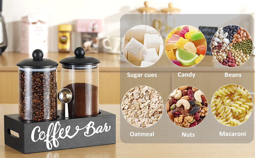 Yangbaga Glass Sugar Coffee Canister for Ground Coffee,2×55OZ Coffee Containers with Handle Shelf Coffee Bar Station Accessories Organizer Decor,Food Storage Jars with Iron Scoop for Kitchen