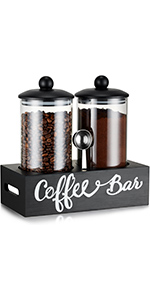 Yangbaga Glass Sugar Coffee Canister for Ground Coffee,2×55OZ Coffee Containers with Handle Shelf Coffee Bar Station Accessories Organizer Decor,Food Storage Jars with Iron Scoop for Kitchen