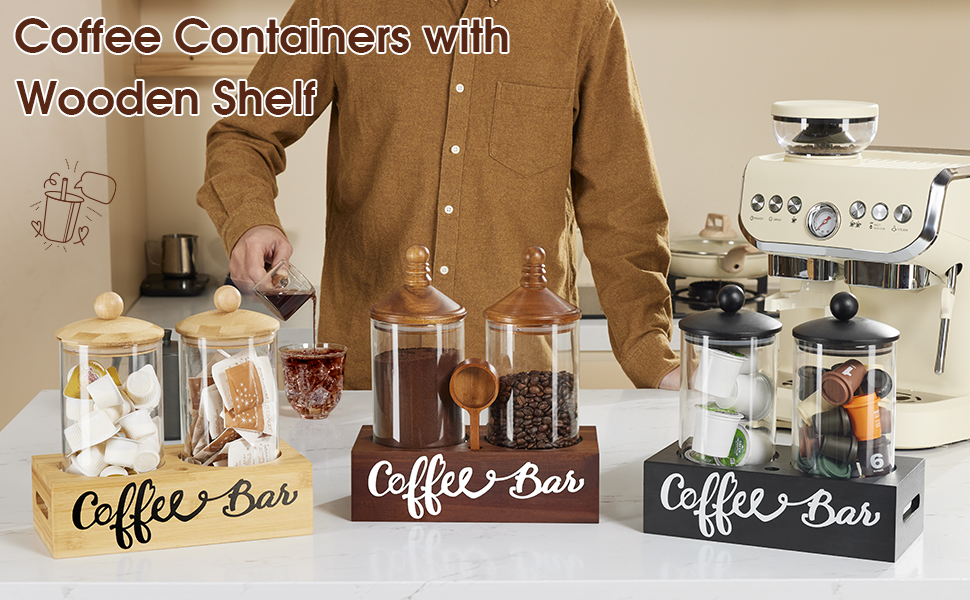 Yangbaga Glass Sugar Coffee Canister for Ground Coffee,2×55OZ Coffee Containers with Handle Shelf Coffee Bar Station Accessories Organizer Decor,Food Storage Jars with Iron Scoop for Kitchen