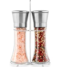 Stainless Steel Salt and Pepper Grinder Set of 2 - Pepper Mill & Salt Mill with Adjustable Coarseness - Glass Spice Shakers - Easy Clean Ceramic Grinders W/Funnel (2.6