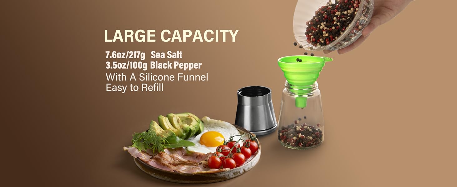 Stainless Steel Salt and Pepper Grinder Set of 2 - Pepper Mill & Salt Mill with Adjustable Coarseness - Glass Spice Shakers - Easy Clean Ceramic Grinders W/Funnel (2.6