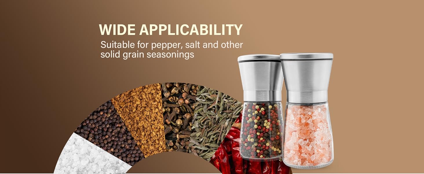 Stainless Steel Salt and Pepper Grinder Set of 2 - Pepper Mill & Salt Mill with Adjustable Coarseness - Glass Spice Shakers - Easy Clean Ceramic Grinders W/Funnel (2.6