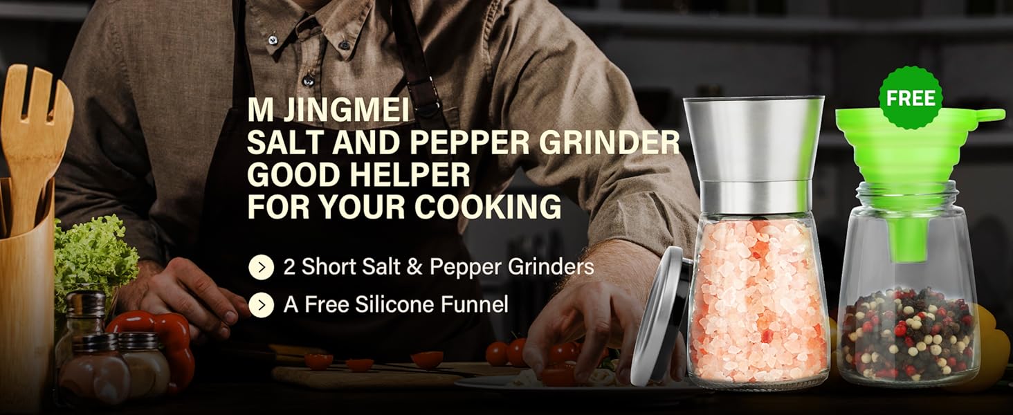 Stainless Steel Salt and Pepper Grinder Set of 2 - Pepper Mill & Salt Mill with Adjustable Coarseness - Glass Spice Shakers - Easy Clean Ceramic Grinders W/Funnel (2.6