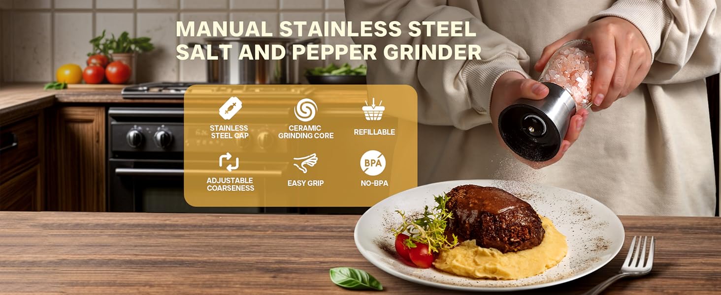 Stainless Steel Salt and Pepper Grinder Set of 2 - Pepper Mill & Salt Mill with Adjustable Coarseness - Glass Spice Shakers - Easy Clean Ceramic Grinders W/Funnel (2.6