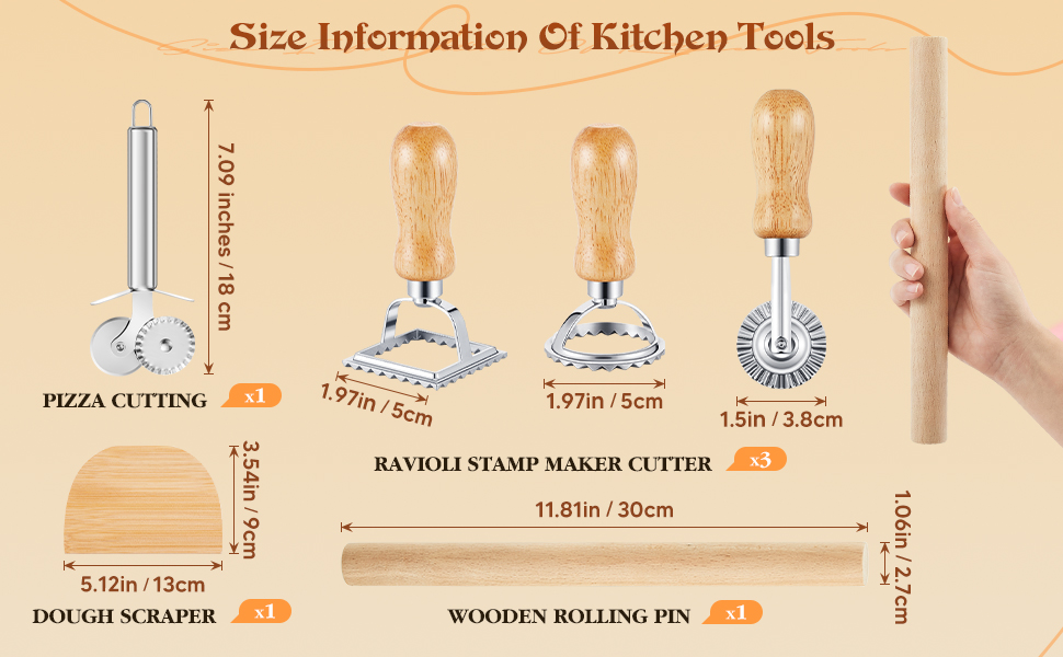 Geetery 5 Pieces Ravioli Mold Set, 12 Holes Ravioli Maker Press, 3 Pasta Cutter Stamps, Wood Rolling Pin, Pasta Making Tools, Pelmeni Mold, Manual, Stainless Steel, White, Silver, Wood Color