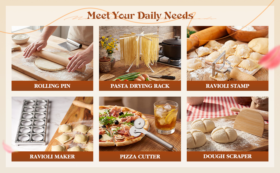 Geetery 5 Pieces Ravioli Mold Set, 12 Holes Ravioli Maker Press, 3 Pasta Cutter Stamps, Wood Rolling Pin, Pasta Making Tools, Pelmeni Mold, Manual, Stainless Steel, White, Silver, Wood Color