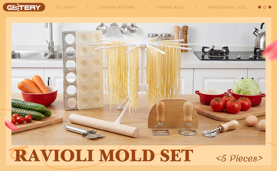 Geetery 5 Pieces Ravioli Mold Set, 12 Holes Ravioli Maker Press, 3 Pasta Cutter Stamps, Wood Rolling Pin, Pasta Making Tools, Pelmeni Mold, Manual, Stainless Steel, White, Silver, Wood Color