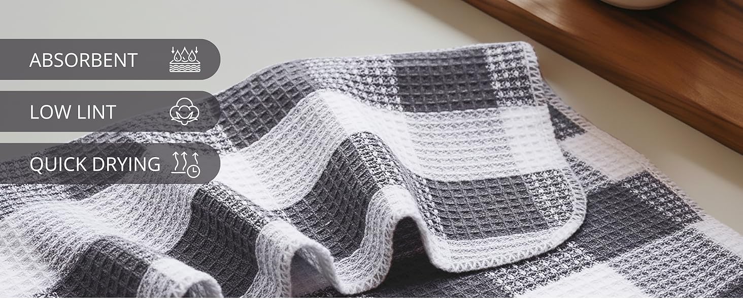 PurpleEssences Waffle Weave Plaid Dish Cloths, 100% Cotton, 12x12 Inch, Soft Absorbent Quick Drying Buffalo Check Dish Rags for Kitchen, 6 Pack, Spring Easter Summer - Black and White
