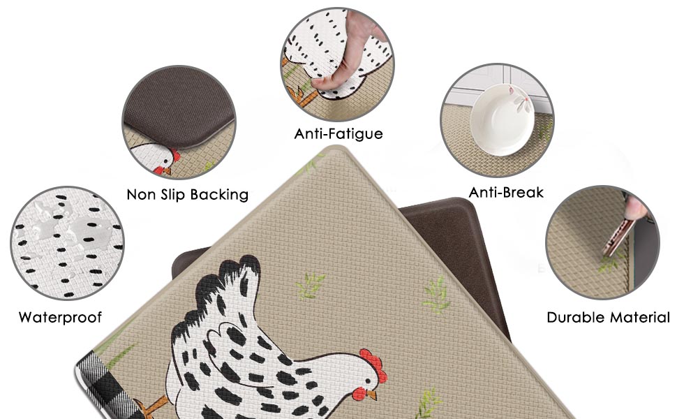Anti-Fatigue Rooster Kitchen Rug Set of 2 Cushioned Chicken Rug for Floor, Farmhouse Standing Mat Waterproof Non-Slip Mat PVC Ergonomic Comfort Foam Kitchen Decor