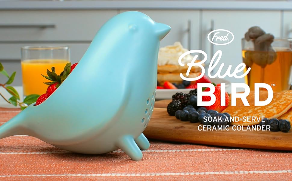 Genuine Fred BLUE BIRD Ceramic Colander, Charming, Unique Design, Berry Colander, Fun Kitchen Gadget