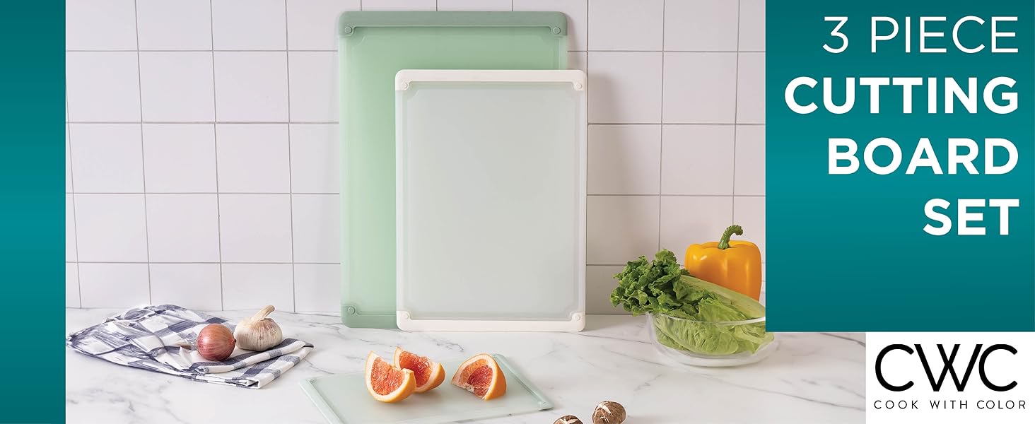 COOK WITH COLOR Extra Large Cutting Board Set, Jumbo-Sized Boards with Rubber Border for Enhanced Cooking Experience, 3-Piece, Brown