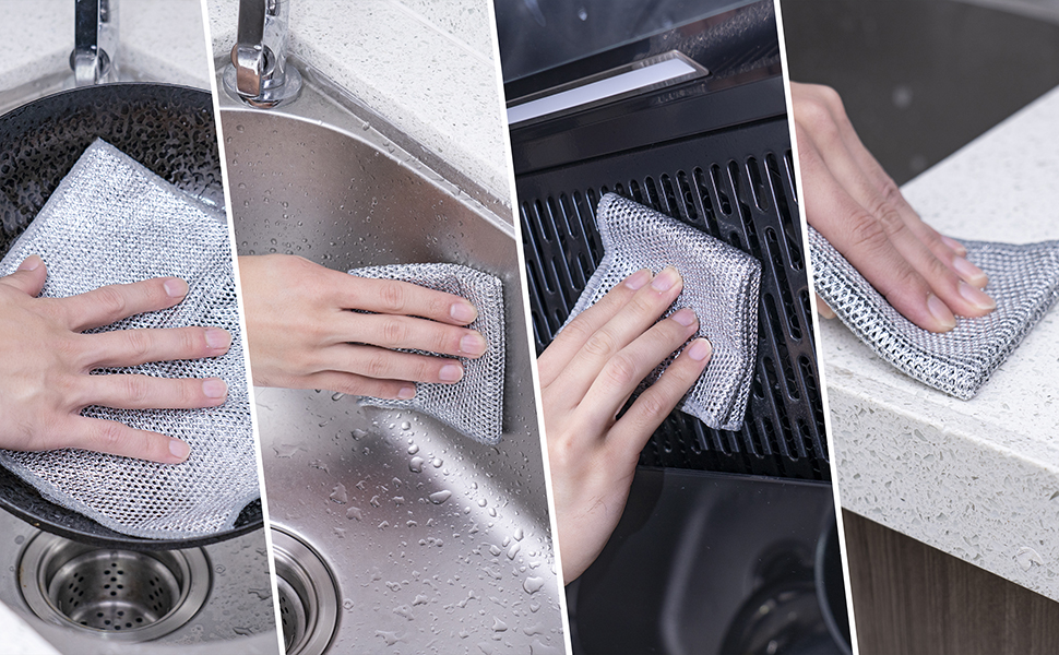 Inkhut Non Scratch Wire Dishcloth, Multipurpose Wire Dishwashing Rag for Wet and Dry, Multifunctional Dish Rags for Washing Dishes, Reusable Steel Wool Scrubber for Kitchen Cleaning