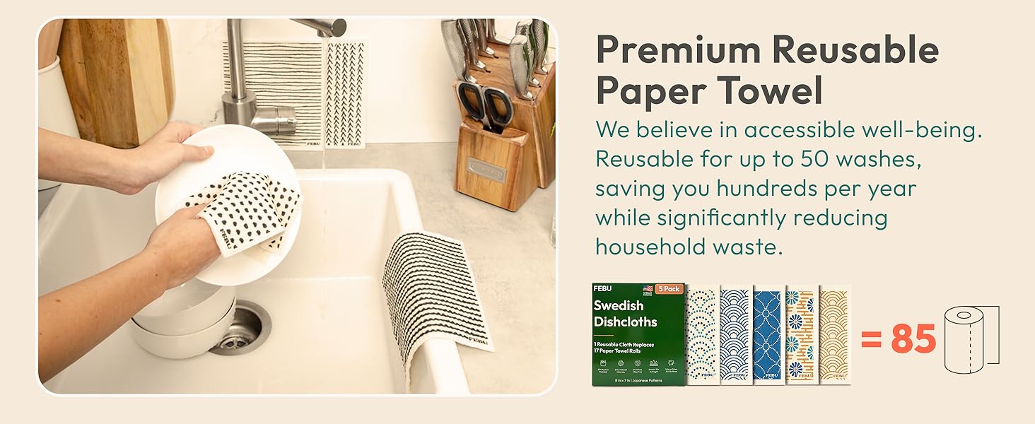 FEBU Swedish Dishcloths for Kitchen | 5 Pack Italian Summer Reusable Paper Towels Washable | Swedish Dish Towels | Non-Scratch Cellulose Sponge Cloths | No Odor, Biodegradable Cleaning Cloths