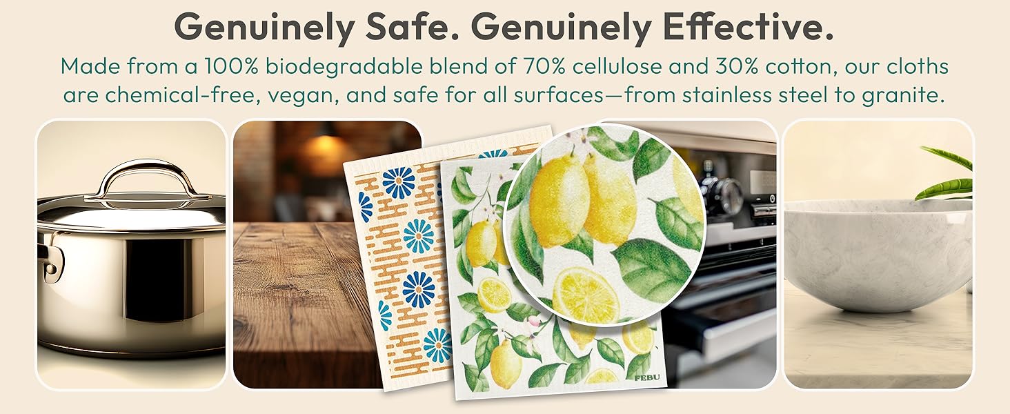 FEBU Swedish Dishcloths for Kitchen | 5 Pack Italian Summer Reusable Paper Towels Washable | Swedish Dish Towels | Non-Scratch Cellulose Sponge Cloths | No Odor, Biodegradable Cleaning Cloths